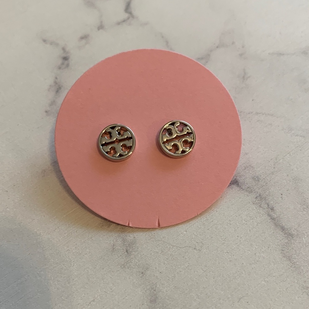 Tory Burch Silver Logo Stud Earrings
